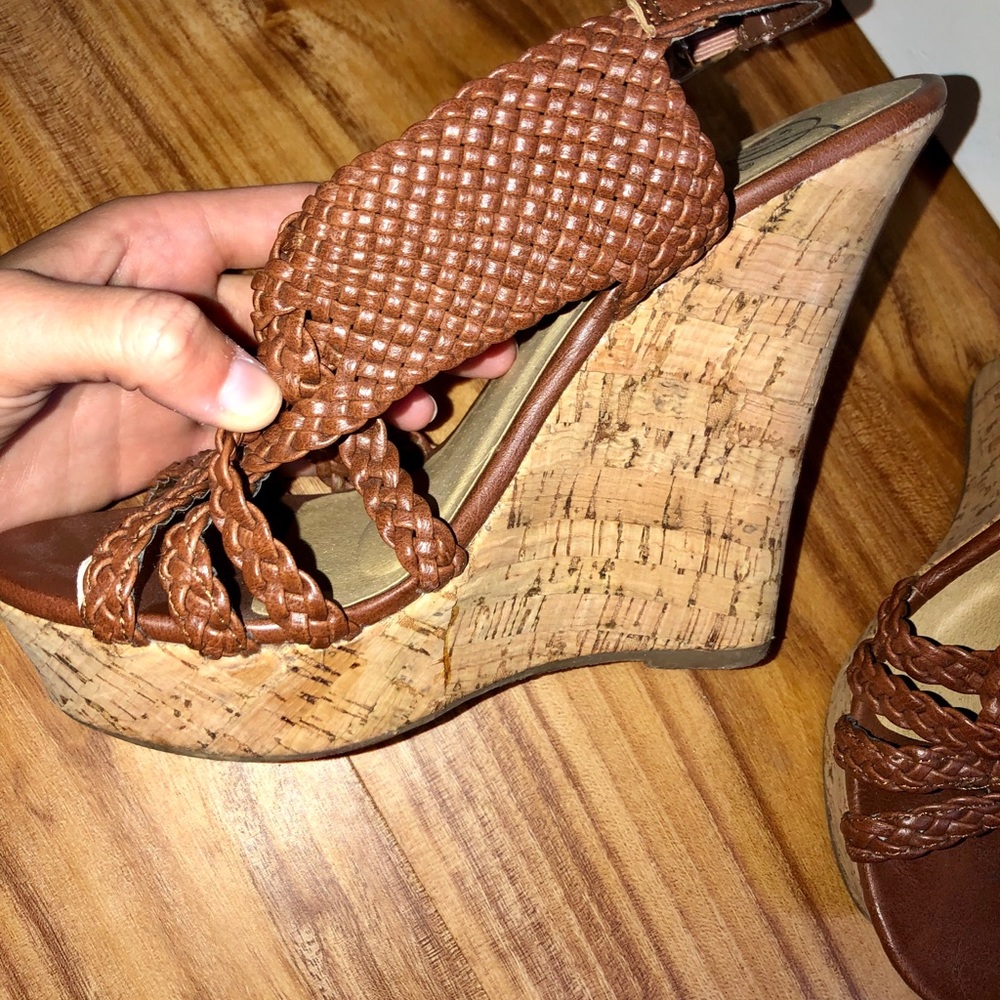 Brown braided wedges